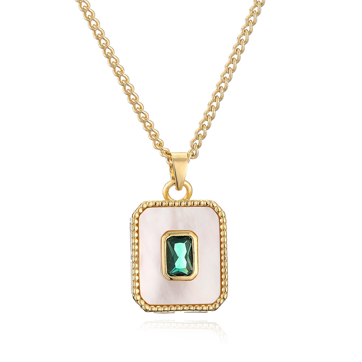 Collar colgante geométrico minimalista para mujer, base de cobre con baño de oro de 18 quilates, incrustaciones de concha y circonitas, cadena con relicario
