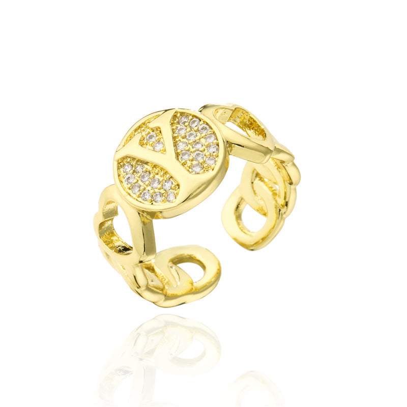 18K Gold Plated Brass Micro-Paved Cubic Zirconia Heart Letter Cuban Link Chain Open Ring for Women