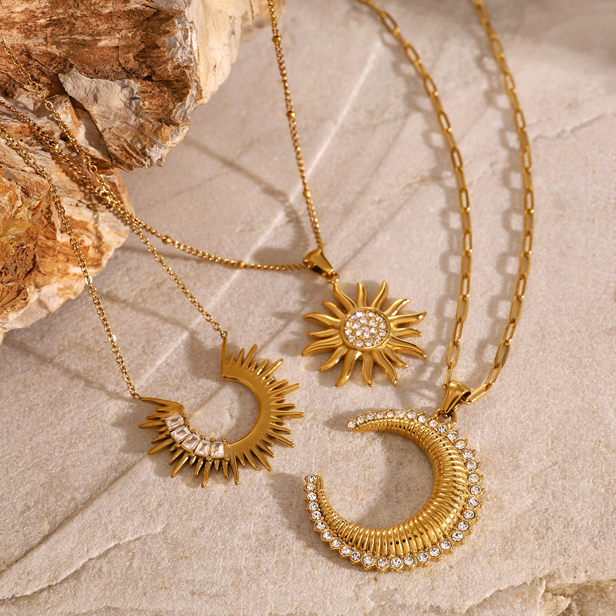 Elegant Geometric Moon Stainless Steel Plated Necklace with Cubic Zirconia Sunflower Pendant for Women