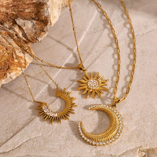 Elegant Geometric Moon Stainless Steel Plated Necklace with Cubic Zirconia Sunflower Pendant for Women