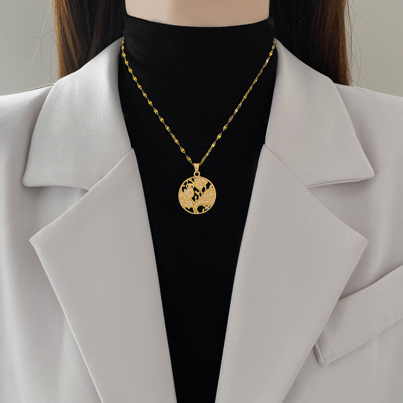 Collana con ciondolo a foglia gufo minimalista per donne e uomini, in acciaio inossidabile, delicata catena clavicola con accenti di strass