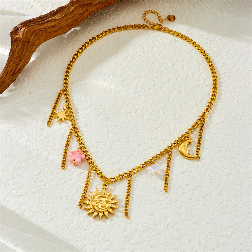 Fashion Gold Plated Stainless Steel Sun Moon Star Tassel Pink Floral Pendant Necklace Serpentine Chain