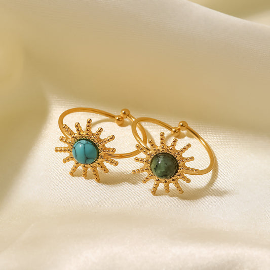 Anillo de titanio en forma de sol estilo vintage francés con incrustaciones de turquesa para mujer