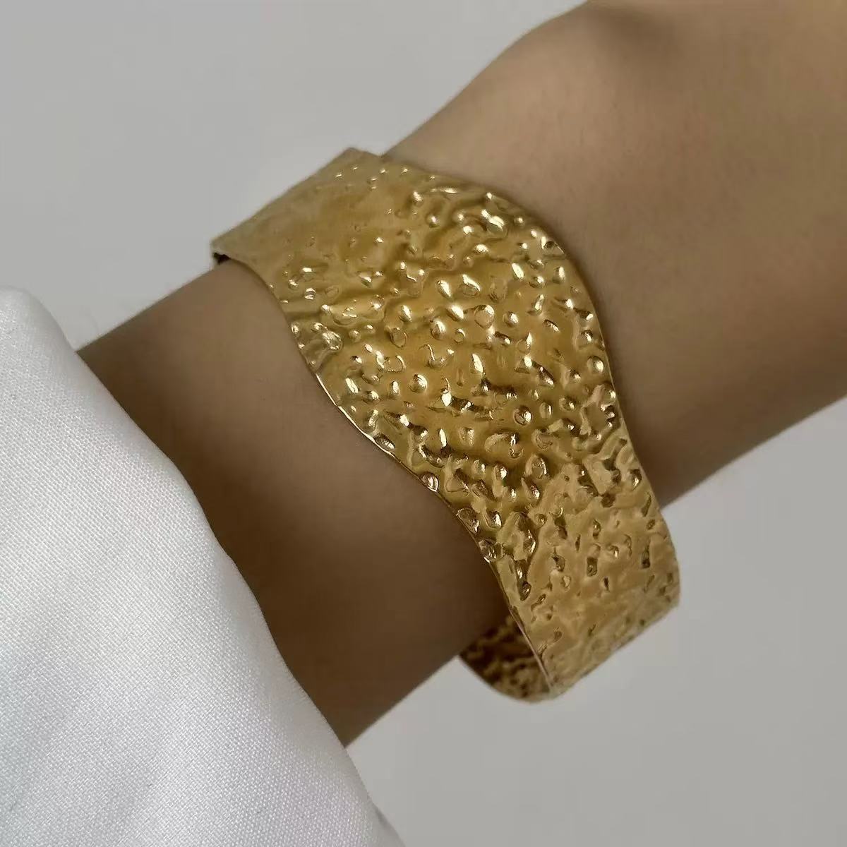 Fashion Geometric Textured Wave Pattern Plated Stainless Steel Wide Open Cuff Bracelet for Women