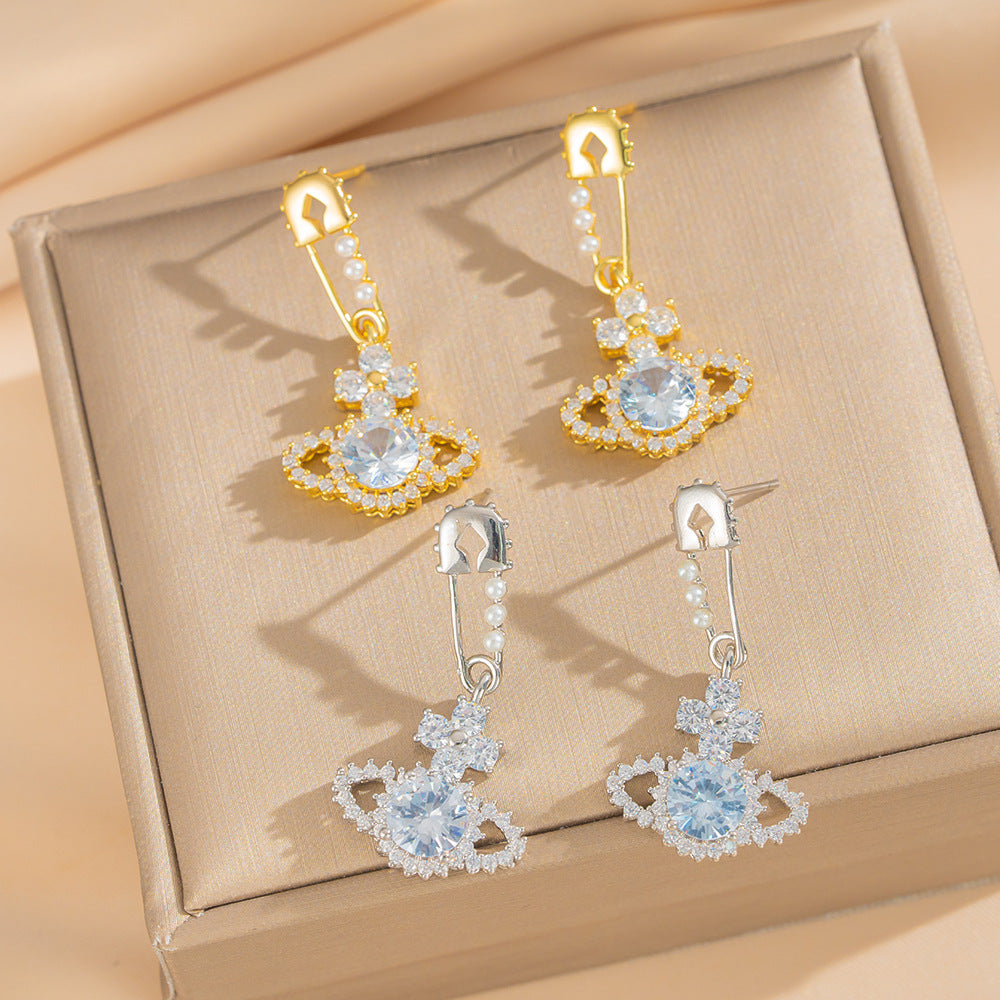 Luxury Geometric Saturn Stud Earrings for Women with Gold-Plated Copper Base and Zirconia Accents