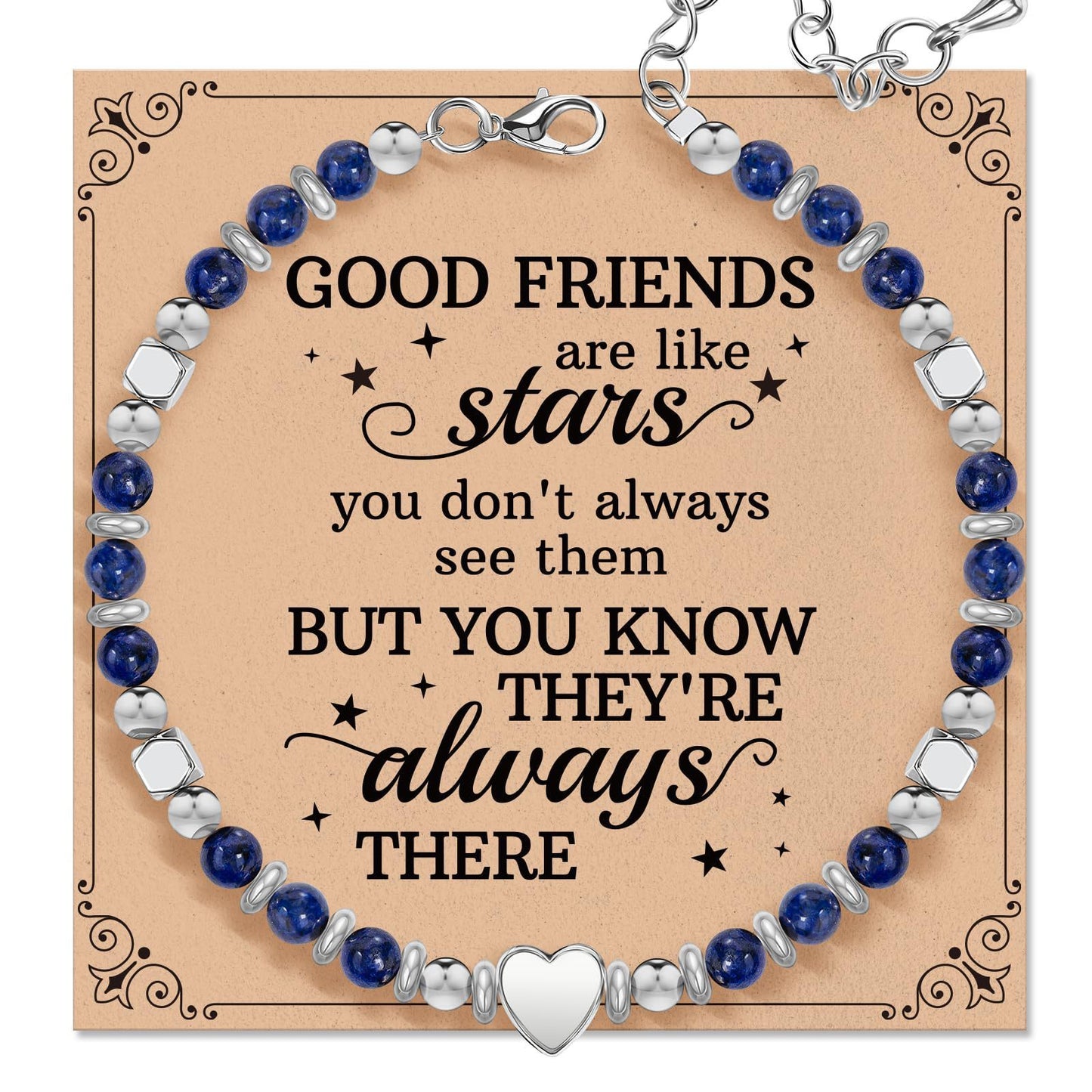 Natural Stone Lapis Lazuli Heart Charm Bar Stainless Steel Adjustable Bracelet Unisex Gift