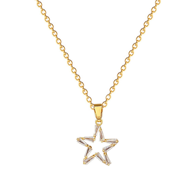 Minimalist Luxe Hollow Five-Point Star Pendant Necklace for Women Stainless Steel Chain with Rhinestone Accents