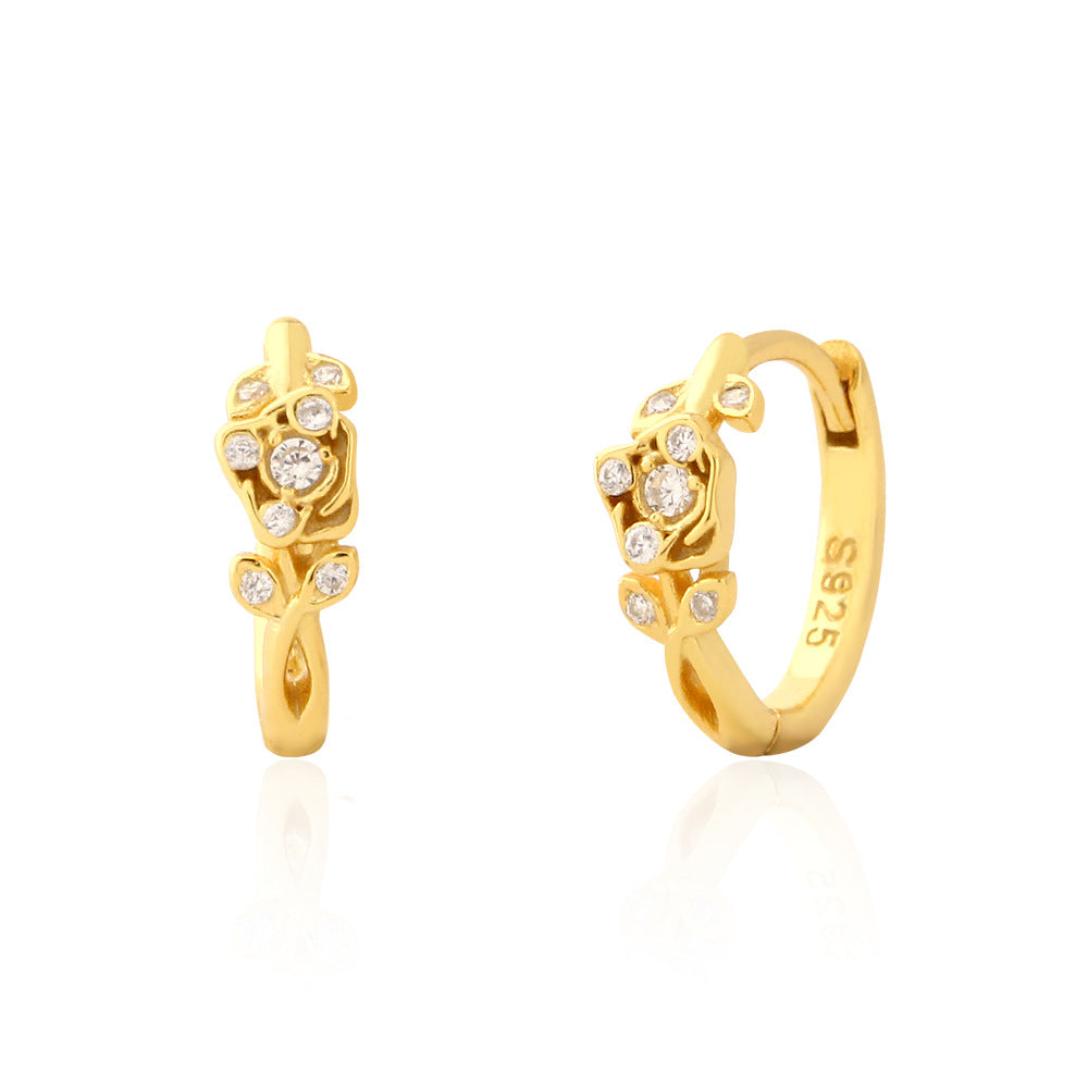 Pendientes Retro Florales con Forma de Rosa de Plata de Ley S925 con Incrustaciones de Diamantes de Imitación para Mujer
