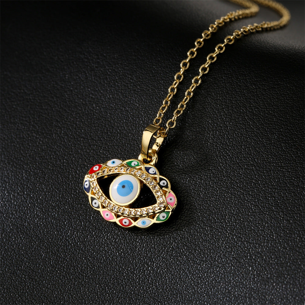 Minimalist Geometric Evil Eye Pendant Necklace for Women with Copper Base Plated in 18K Gold and Enamel-Finished Zirconia