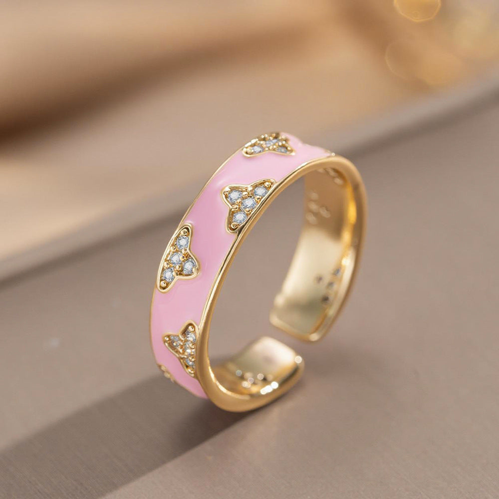 Fashion Luxury Geometric Irregular Enamel Zircon 18K Gold Plated PVD Copper Open Ring for Unisex