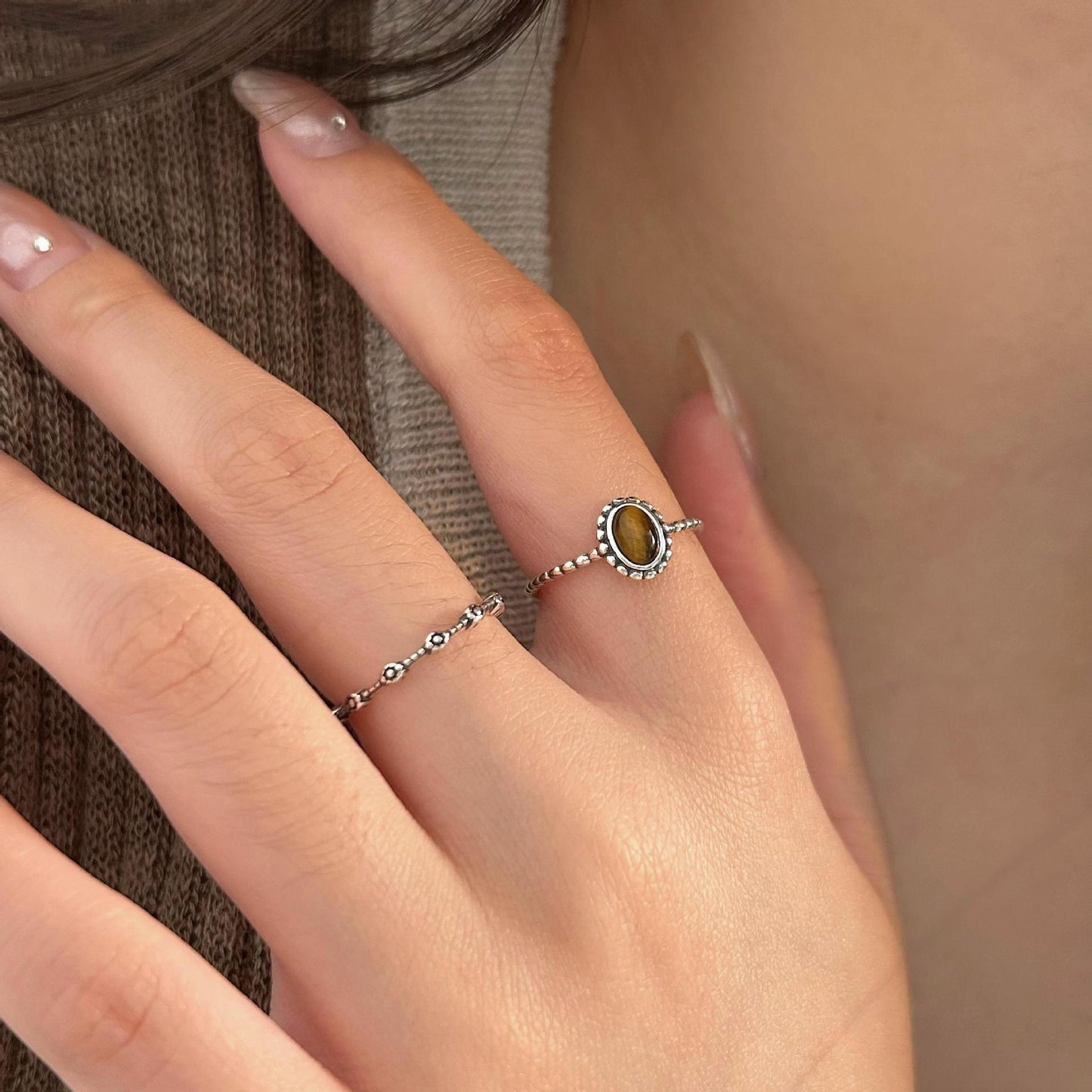 Minimalist Vintage 925 Sterling Silver Irregular Tiger's Eye Inlay Ring for Women