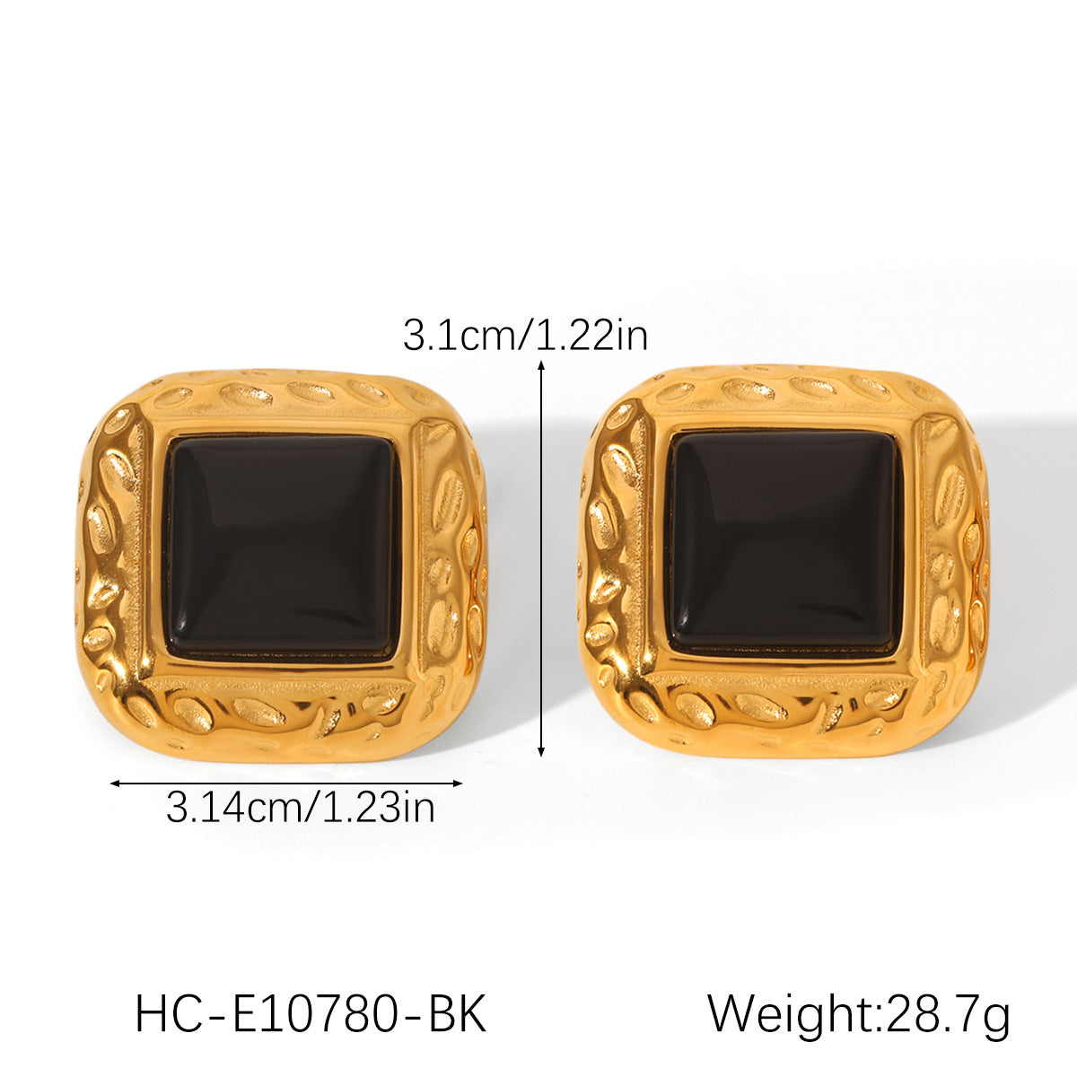 Retro French-Style Square Stainless Steel Hammered Texture Stud Earrings for Women with Agate Inlay, Hypoallergenic Plated Finish