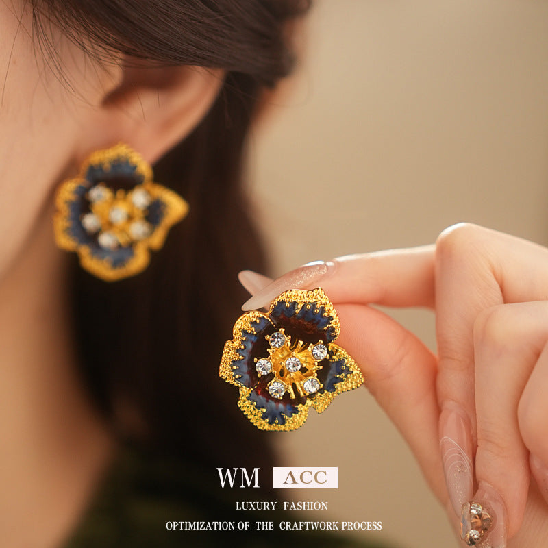 Vintage Floral Geometric Earrings with Enamel Finish and Rhinestone Inlay for Women Alloy Studs with Stainless Steel Posts
