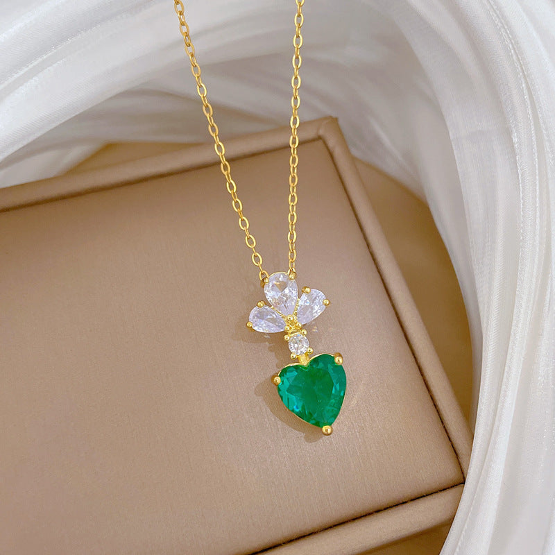 Sweet Elegant Floral Heart Geometric Rhinestone Pendant Titanium Steel Necklace for Unisex