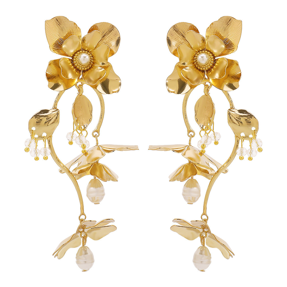Pendientes de metal de lujo con forma floral para mujer con incrustaciones de perlas naturales y acabado chapado