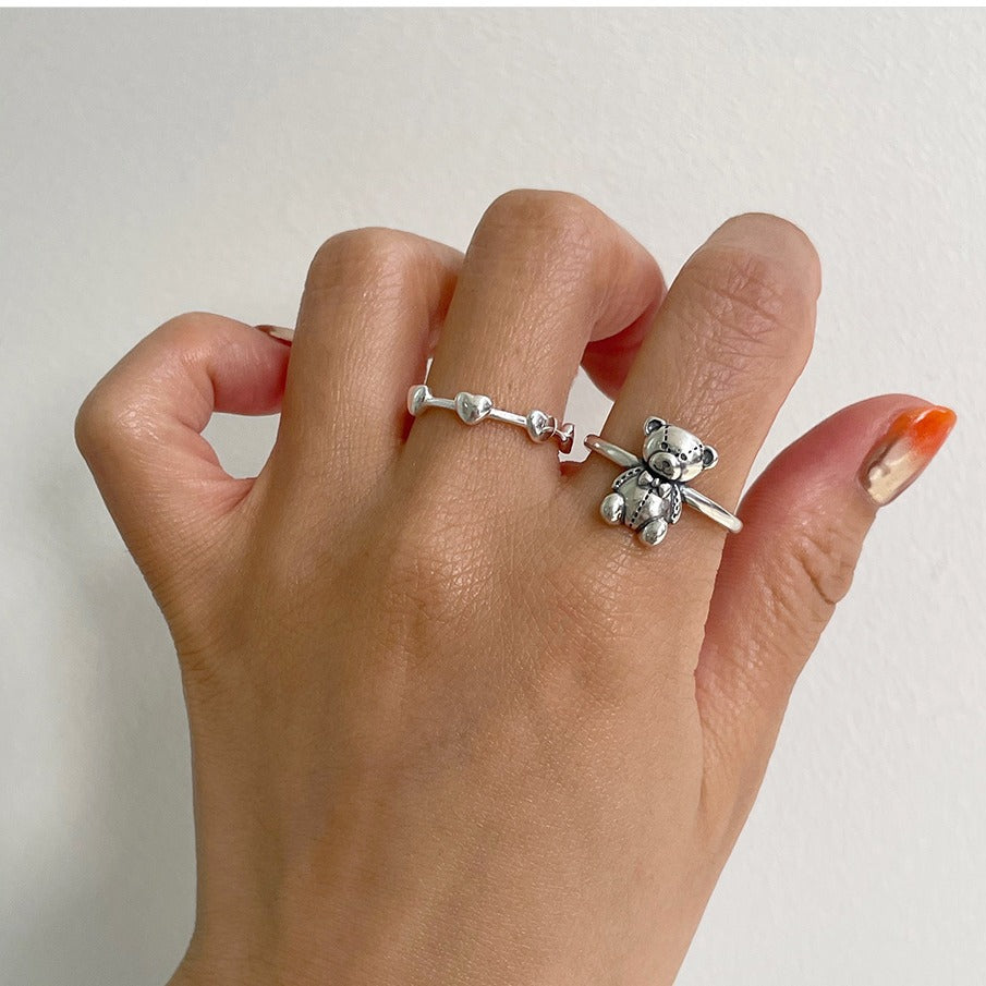 Minimalist Bear-Shaped 925 Sterling Silver Ring for Women with Inlay Craftsmanship