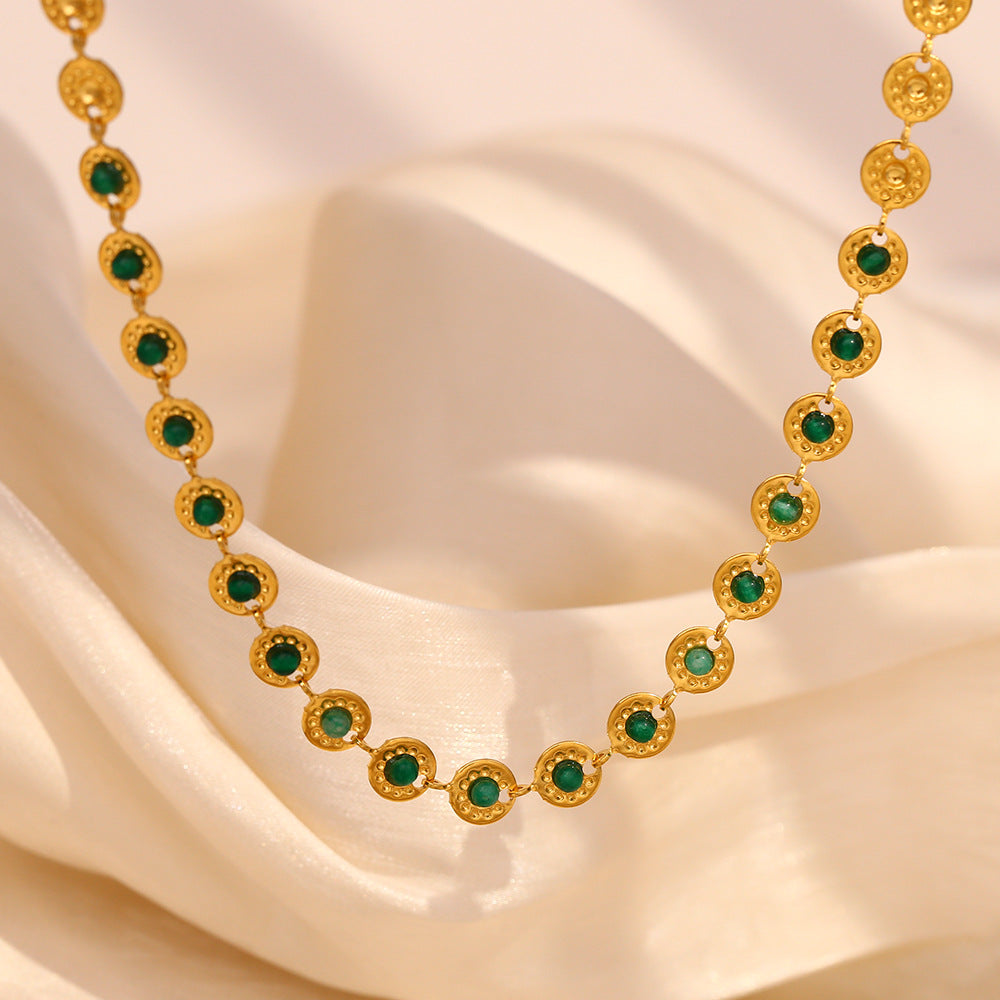 Vintage Chic Geometric Pendant Necklace for Women Stainless Steel with 18K Gold Plating and Green Stone Accent