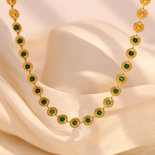 Vintage Chic Geometric Pendant Necklace for Women Stainless Steel with 18K Gold Plating and Green Stone Accent