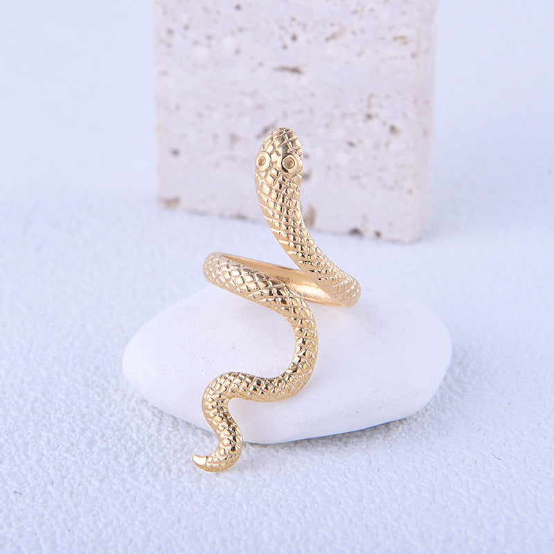 Anello aperto regolabile esagerato a forma di serpente in acciaio al titanio con finitura galvanica, unisex