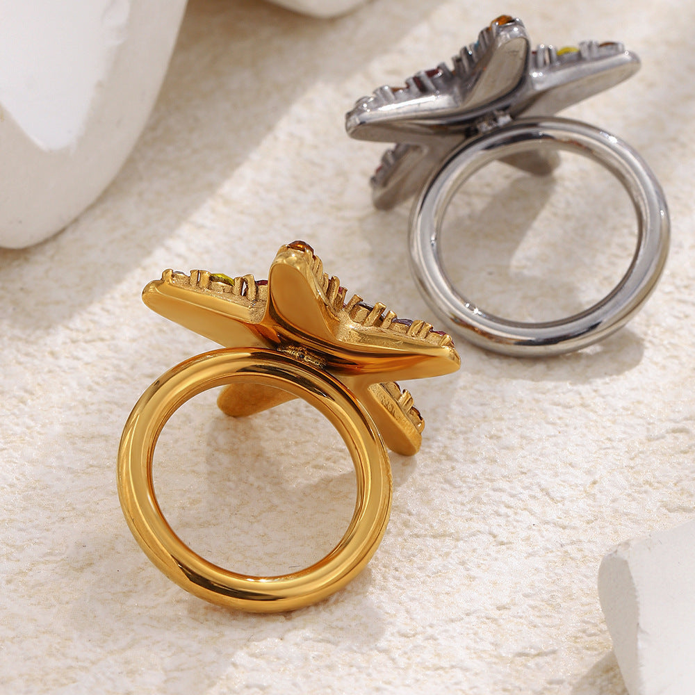 Creative Minimalist Star Geometric Stainless Steel Gold Plated Cubic Zirconia Ring for Women