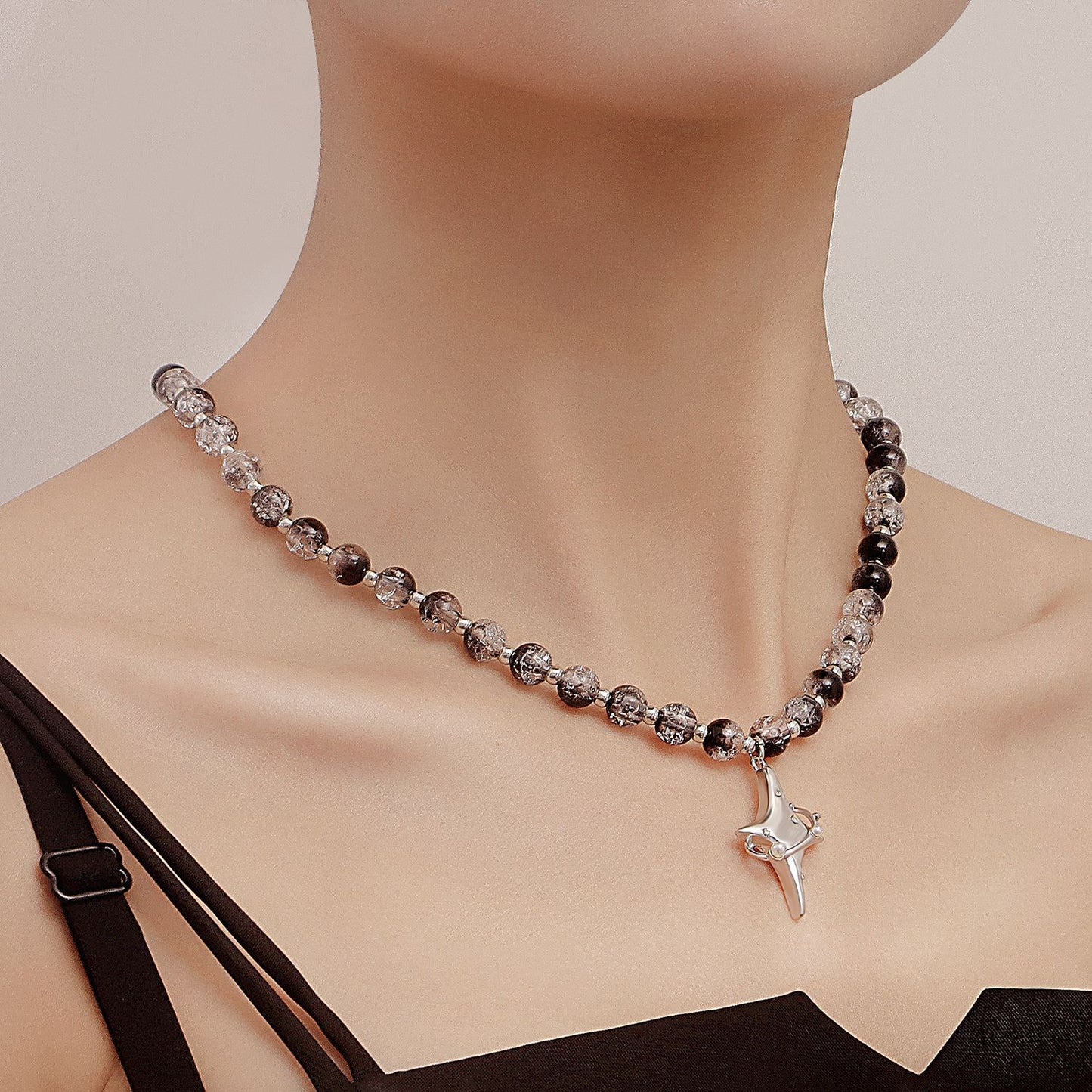 Vintage-Style Geometric Black and White Beaded Cross Star Pendant Necklace for Women with Alloy Base and Plated Finish