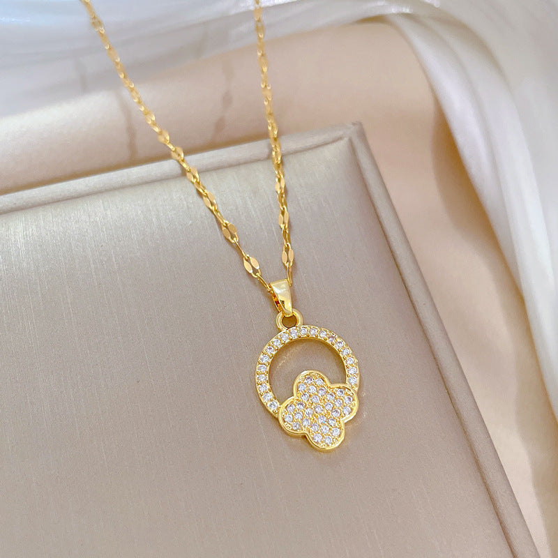 Collar con colgante circular floral minimalista para mujer de acero de titanio con acabado chapado y motivo lunar