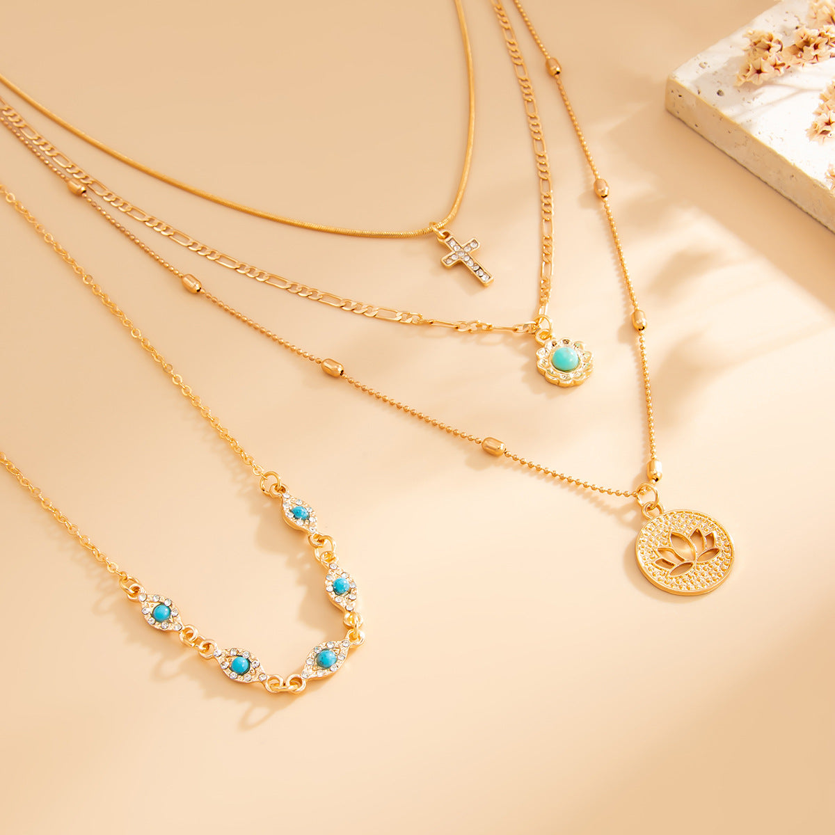 Vintage Ethnic Lotus Drop Pendant Necklace with Rhinestone Cross Accents on Delicate Chain for Women