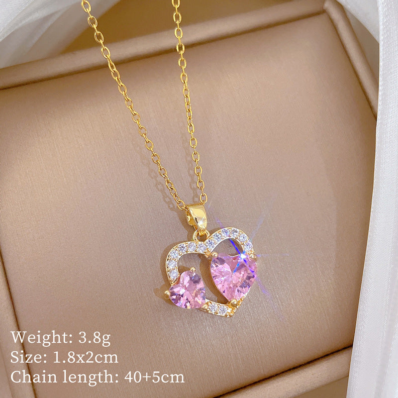 Minimalist Geometric Titanium Steel Necklace with Gold Plated Brass Pendant and Rhinestone Inlay