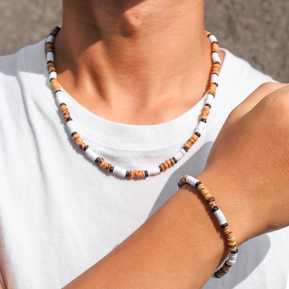 Hip-hop Geometric Round Wood Resin Bracelet Necklace Set with Cable Chain for Unisex