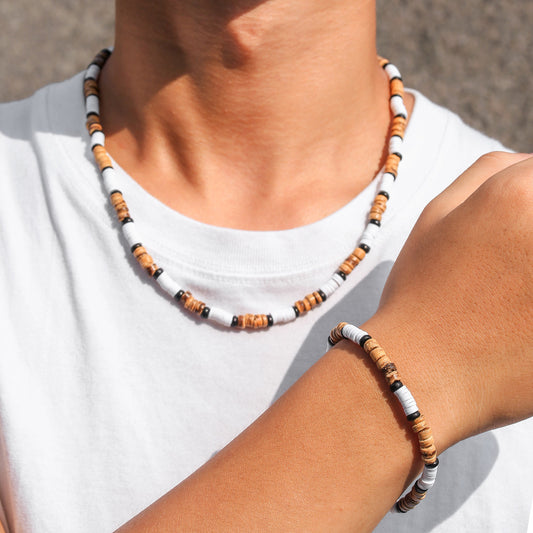 Hip-hop Geometric Round Wood Resin Bracelet Necklace Set with Cable Chain for Unisex