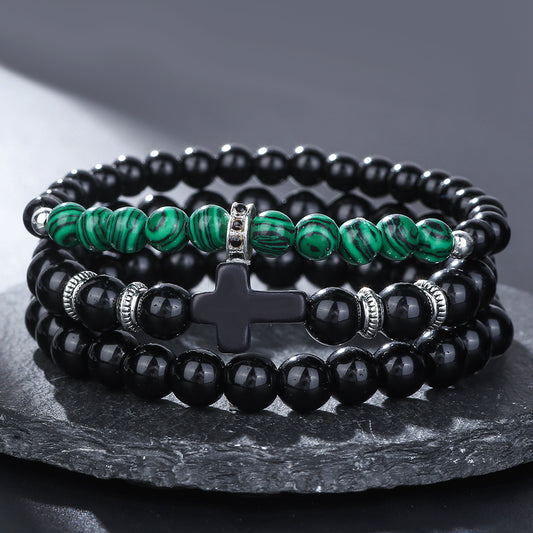 Black Cross Geometric Agate Beaded Stretch Bracelet Set