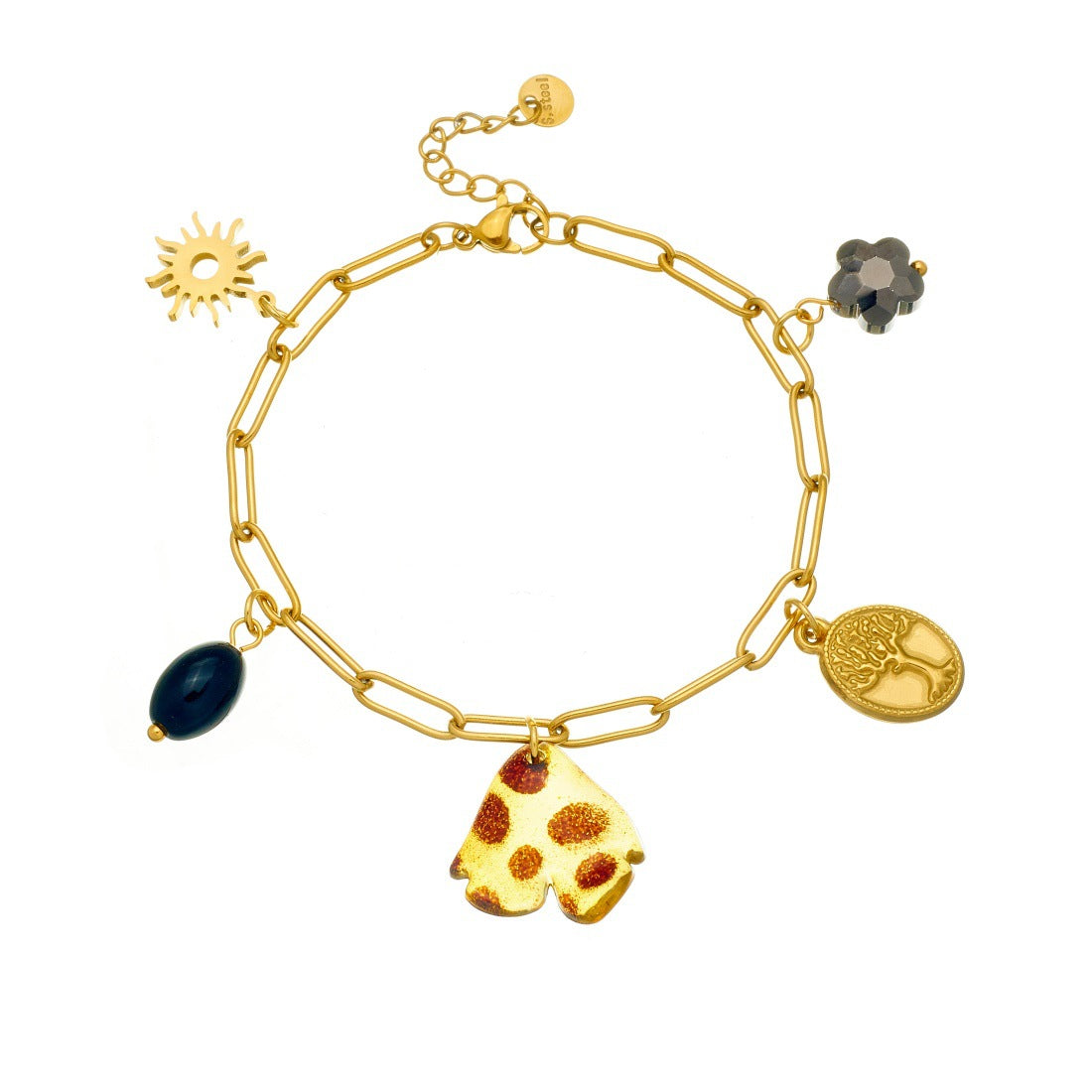 Vintage Gold Plated Stainless Steel Oval Floral Leopard Print Resin Charm Bar Bracelet