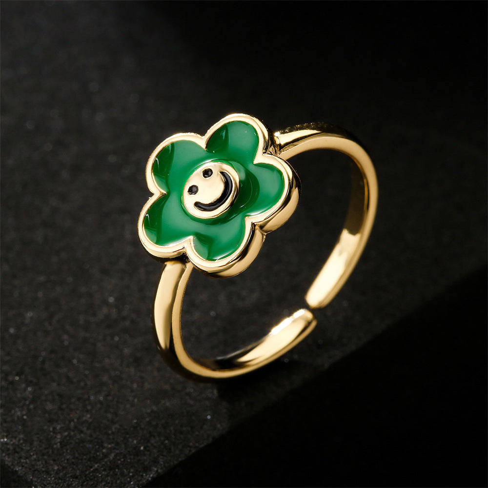 Fashion Drip Oil Gold Plated Brass Geometric Flower Open Ring for Women