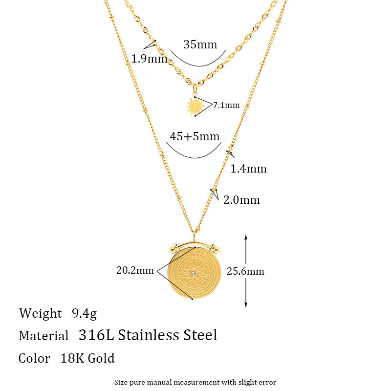 Minimalist Luxury Compass Pendant Necklace for Women with Stainless Steel Chain and 18K Gold Plating Double-Layer Geometric Design