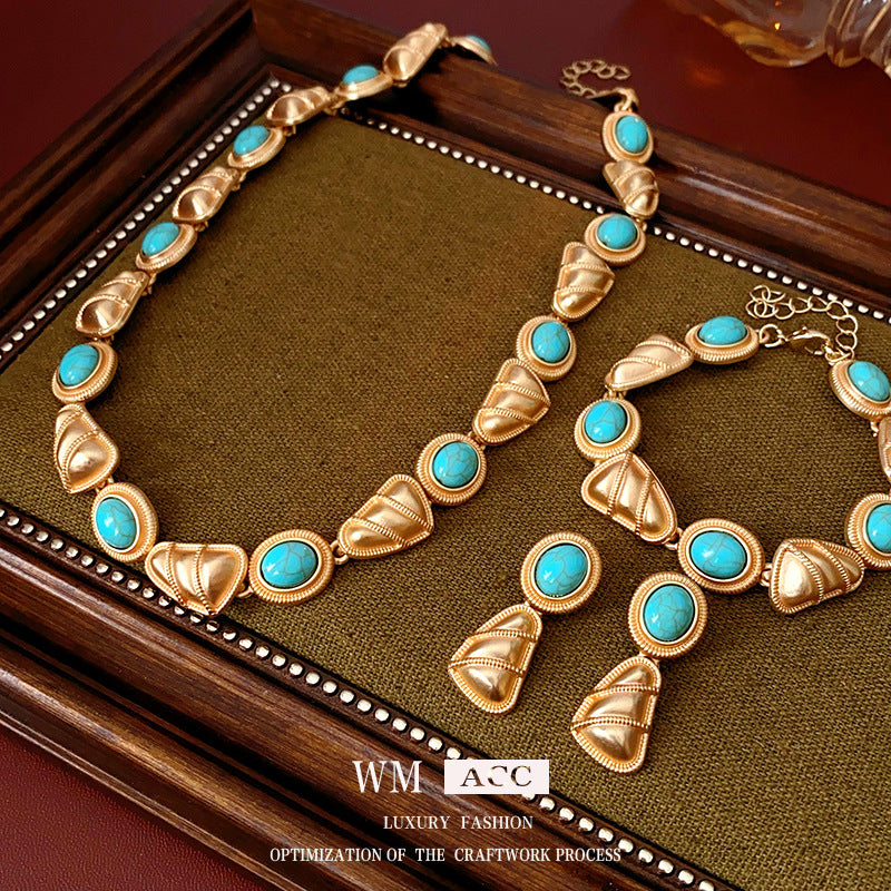 Vintage Style Triangular Alloy Pendant Necklace Set with Earrings and Bracelet Electroplated for Women