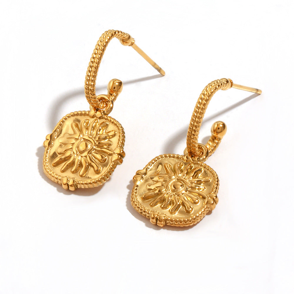 Minimalist Retro Geometric Stainless Steel Earrings with 18K Gold Plating and Sun Texture for Women
