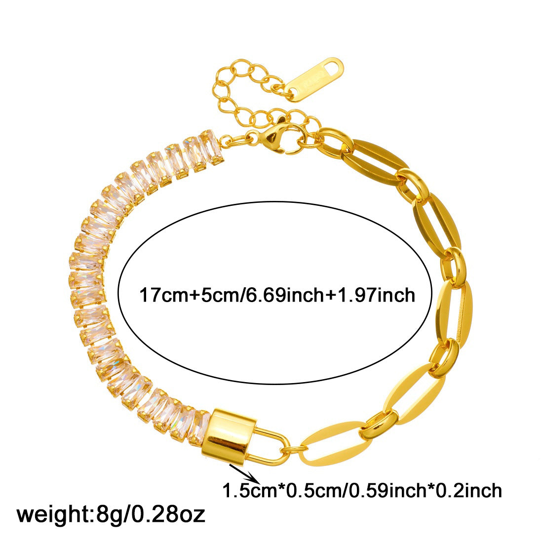 Vintage Gold Plated Lock Rhinestone Asymmetric Stainless Steel Bracelet for Women