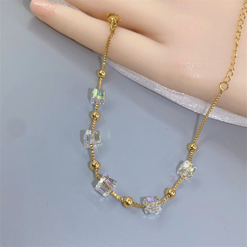 Charm Bracelet for Women with Geometric Square Design in Titanium Steel with Gold Plating and Color-Changing Crystal Accents