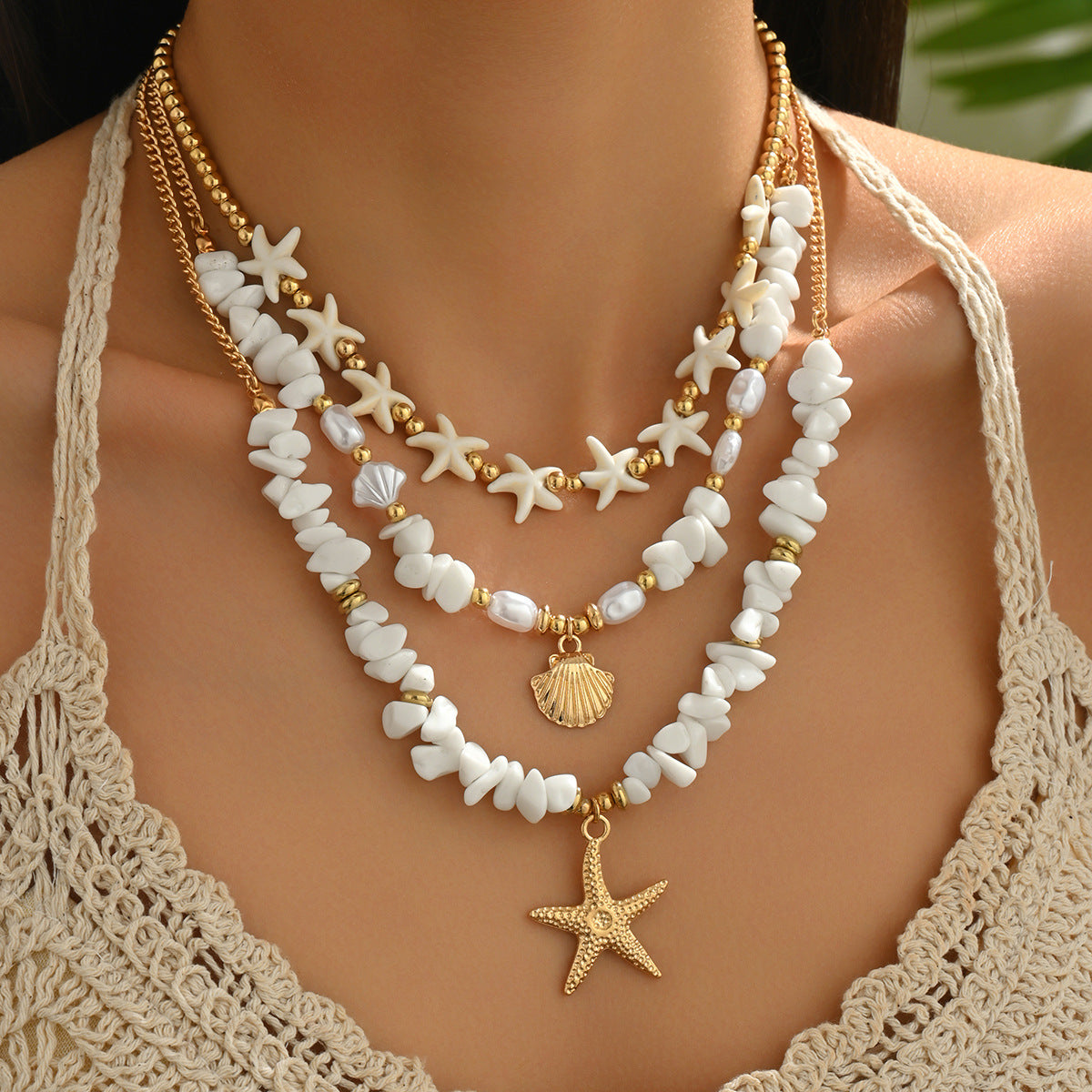Bohemian Style Star and Shell Shaped Zinc Alloy Necklace with Woven Texture for Women