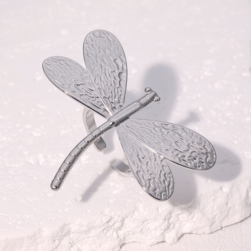 Minimalist Dragonfly-Shaped Stainless Steel Open Ring with Gold Plating for Women