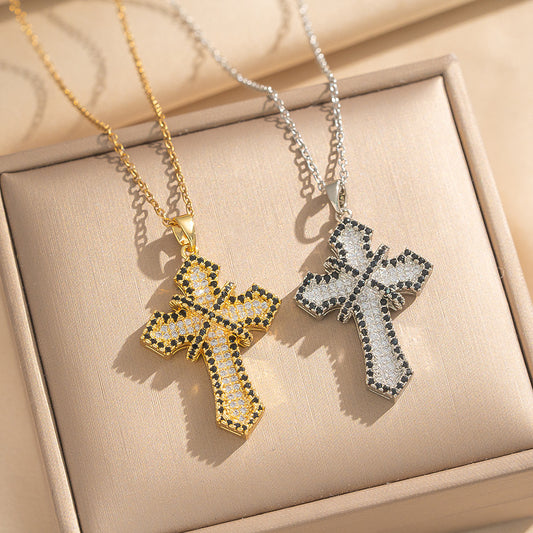 Collana Pendente a Croce Minimalista in Rame Placcato Oro con Zirconi su Catena a O da Donna