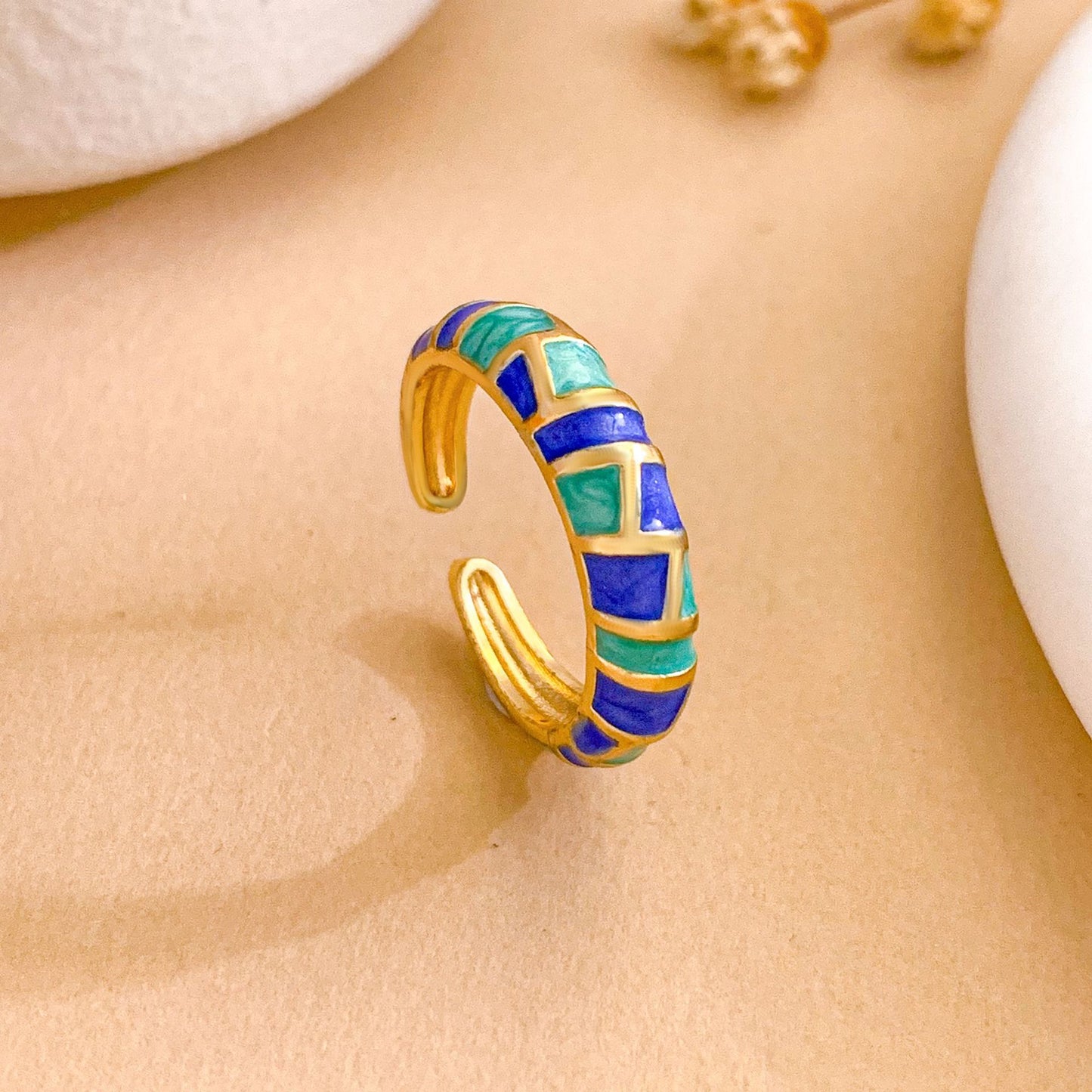 Minimalist Geometric Enamel Gold Plated Brass Ring with Polka Dot Pattern Adjustable Open Design for Women