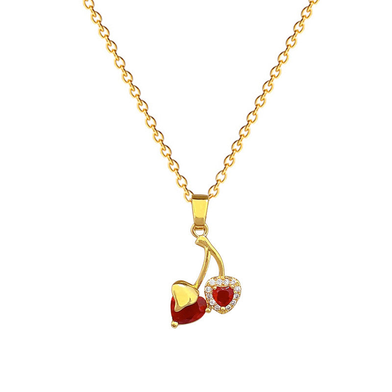 Collar de acero de titanio con forma de corazón de cereza de dibujos animados con incrustaciones de diamantes de imitación para mujeres y hombres, delicada cadena para clavícula