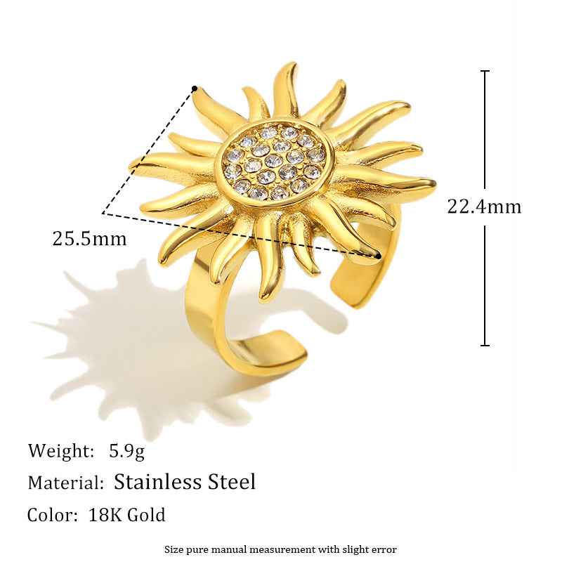Anello geometrico vintage in acciaio inossidabile con placcatura in oro 18 carati e zirconi a forma di sole, da donna