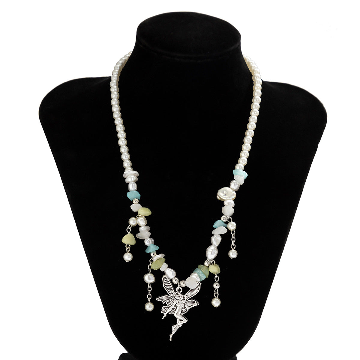 Collana con Ciondolo a Angelo Asimmetrico Bohemien Rustico con Intarsio in Pietra Irregolare e Dettaglio Nappa per Donna