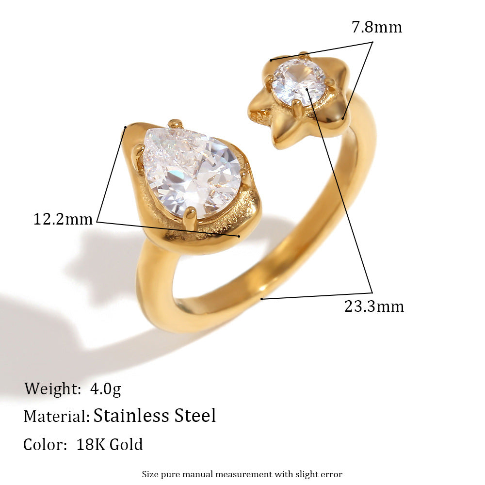 Anello asimmetrico da donna a forma di goccia con stella in zircone, in acciaio inossidabile placcato oro 18K