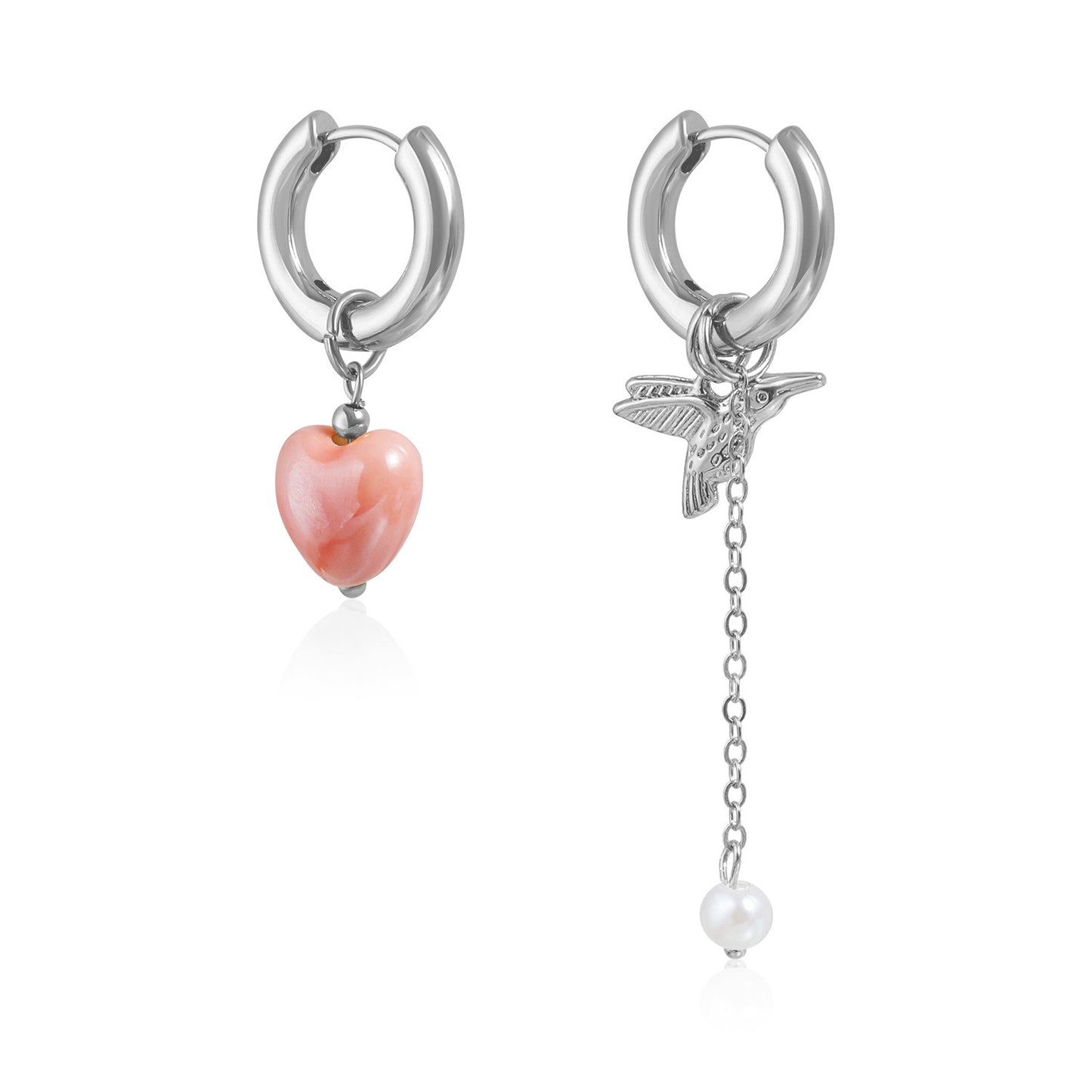 Pendientes Asimétricos con Corazón y Pájaro de Estilo Vintage Geométricos de Aleación de Zinc con Acabado Chapado