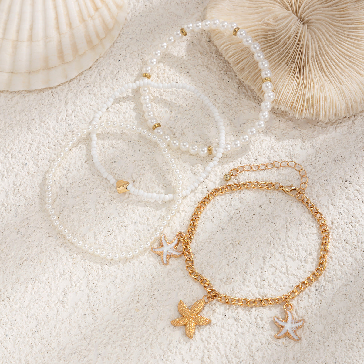Tobillera Minimalista de Estrella de Mar para Mujer con Perla de Imitación y Abalorios en Cadena de Aleación Plateada