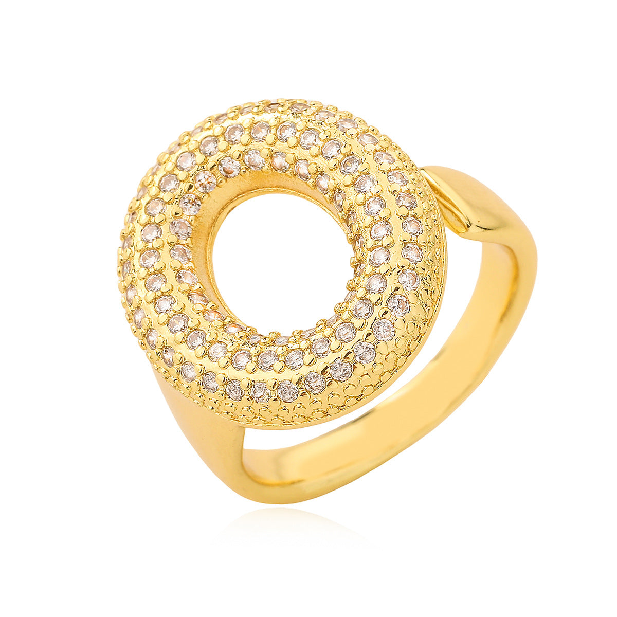 Minimalist Geometric Letter Zirconia Ring for Women in Copper with Gold Plating and Micro-Pavé Setting