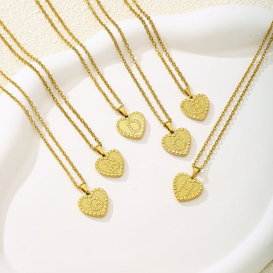 Elegant Heart-Shaped Stainless Steel Pendant Necklace with Letter Design for Women, Plated Finish, O-Chain Style